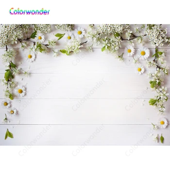 

Photography Backgrounds White Wooden Stripes Floor with White Flowers and Leaves Bridal Backdrops for Wedding Party Photo Prop