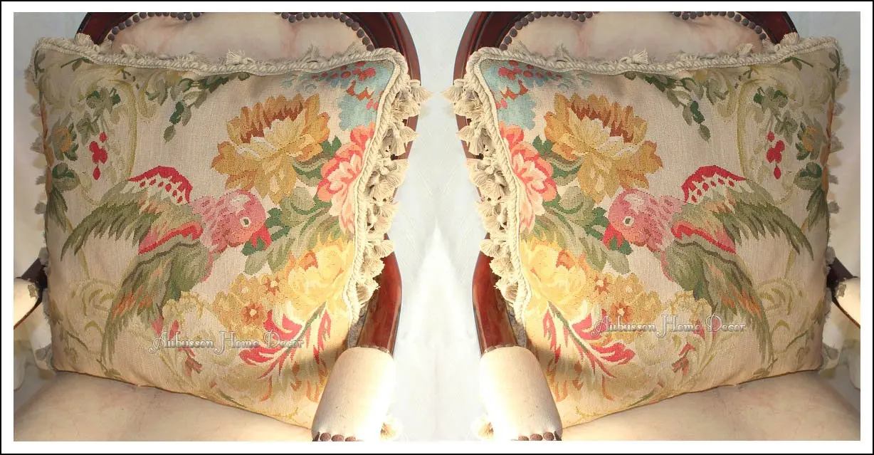 A Pair PARROT Aubusson Tapestry Pillow Cushion vintage shabby chic