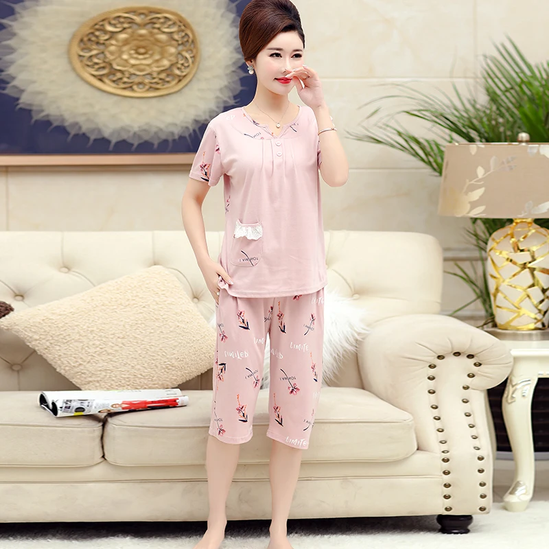 

New Women Pajamas Set 2PCS/Set Short Sleeve Flower Letter Print 100% Cotton Sexy V-Neck Night Wear Cropped Trousers Pyjama Femme