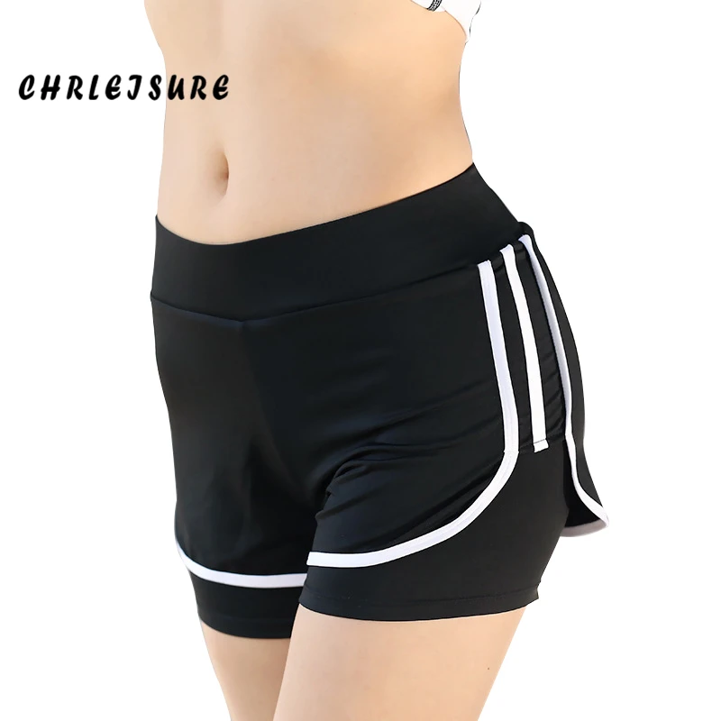 

CHRLEISURE High Waist Shorts Women Summer Polyester Black Patchwork Quick-drying Work Out Female Shorts