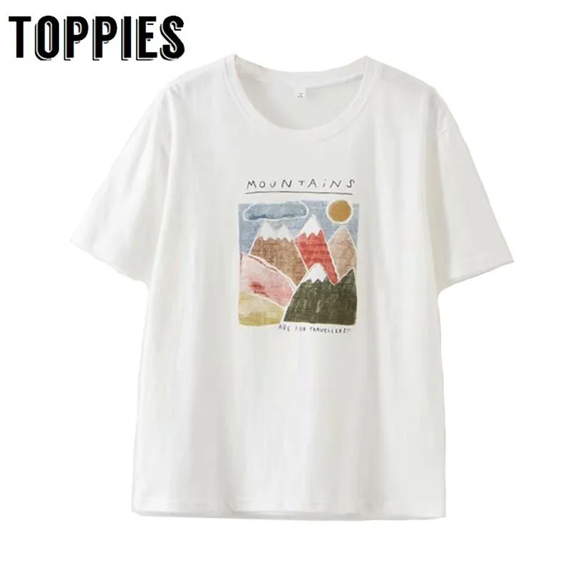 

Summer Short Sleee White Cotton Tops Cartoon Printing Shirts Korean Fashion Summer Women Tops