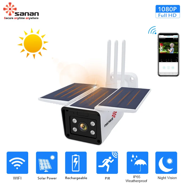 SANAN Free Cloud Storage 1080P Waterproof Outdoor Wifi Camera solar powered wireless cctv camera Wi