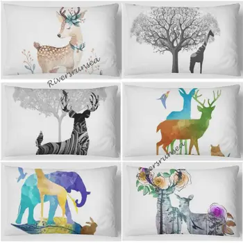 

30x50cm Nordic Style Decoration Deer Cushion Hand Painted Elephant Elk Flower Watercolor Animal Printed Plush Pillow For Home