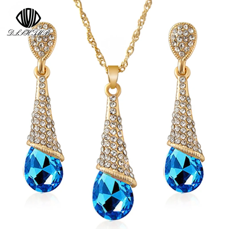 

DLSHTMB Long Blue Crystal Earrings Necklace Set Nine Colour Drops Earrings Necklace Set Elegant Lady Jewelry Set E75 N302