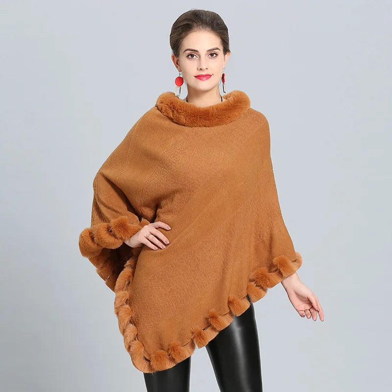 Women Capes Solid Poncho 2018 Winter Faux Fox Fur Out Street wear Knitted Triangle Fur Sweater Plus Size Pullover Coat Fur Neck