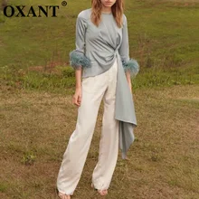 OXANT Асимметричный пуловер Топы женские три четверти Лоскутные перья женские футболки нерегулярная одежда осень