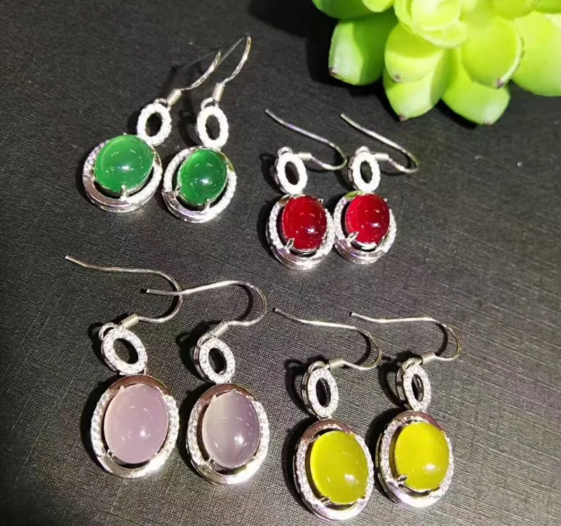 S925 серебряные инкрустированные натуральным халцедоном серьги с кулоном из трех