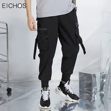 Мужские штаны для бега с боковым карманом и лентой уличная Harajuku черные брюки карго мужские хип хоп повседневные весенние спортивные штаны EICHOS