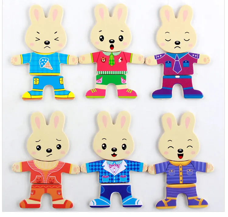 Мультфильм кролик смена деревянные пуговицы игрушки Пазлы montessori образовательных платье изменение головоломки игрушки для детей девочка