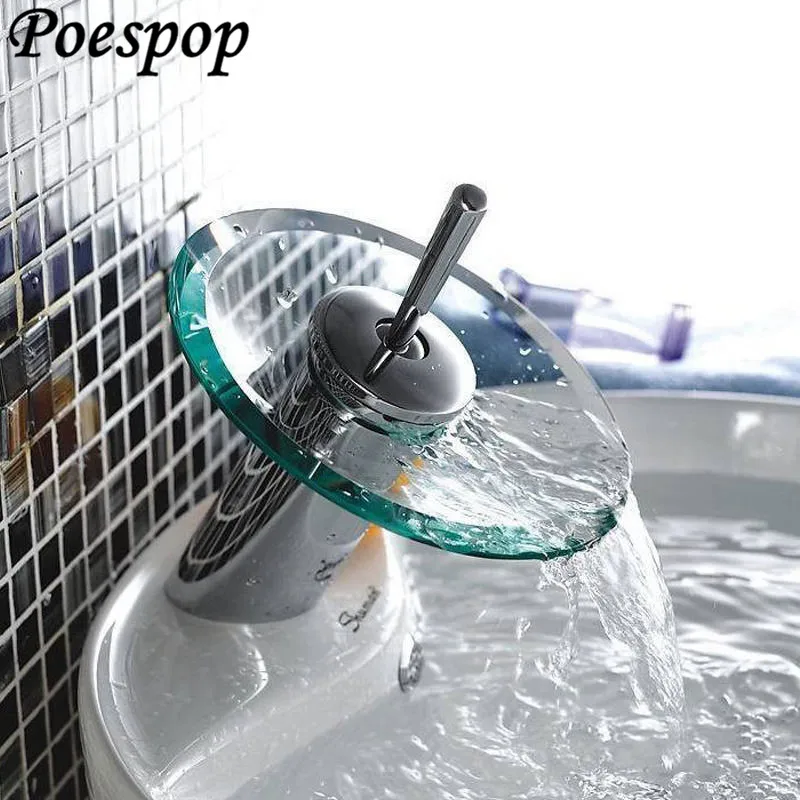 

POSEPOP Bathroom Waterfall Basin Sink Mixer Tap Faucet Chrome Polished Glass Edge Faucet Tap With Water Inlet Pipe High Quality