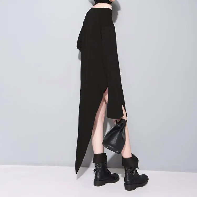 [EAM] 2019 New Fashion Women Long Sleeve Round Neck Loose Elstic Cuted Female High Street Dress Irregular Cut All-match WA8