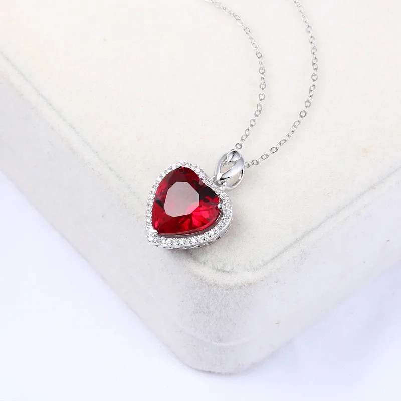 Твердые S925 Серебряные Подвески для женщин сапфир/рубин сердце камень классические свадебные ожерелья подвеска с черным коженным ремешком No Cahin