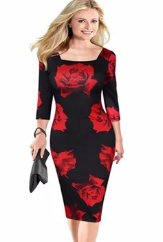 FEIBUSHI New Fashion 2016 Womens Vintage Elegant Floral Print Square Flow Casual Dress Special Occasion Pencil Sheath Dress (2)