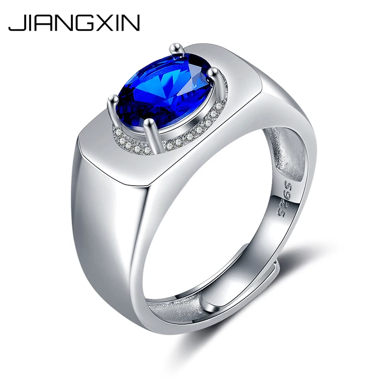 

JiangXin Handmade Blue Sapphire 925 Sterling Silver Birthstone Men Ring White Gold Plated High-Polished Fine Jewelry Gift