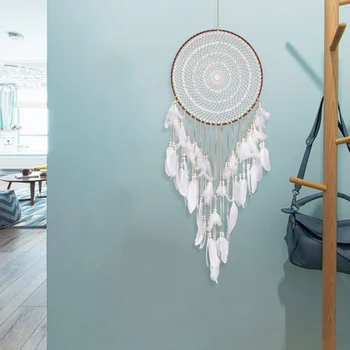 

Creative Car Decoration Handmade Dream Catchers Hanging White Lace Flower Dream Catcher Wind Chimes Indiana Feather Pendant