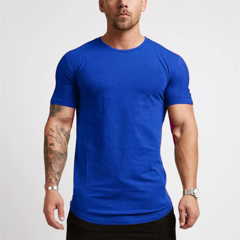 Одежда для фитнеса летняя модная Однотонная футболка с коротким рукавом Мужская хлопковая футболка с круглым вырезом облегающая Повседневная мужская футболка размера плюс M-2XL - Цвет: Синий