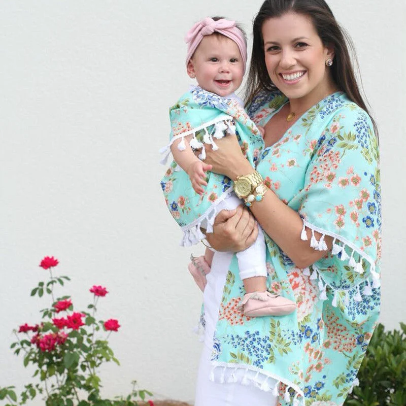 

2018 New Family Floral Top Women Mother Daughter Matching Tassel Cardigan Summer Cover-Ups