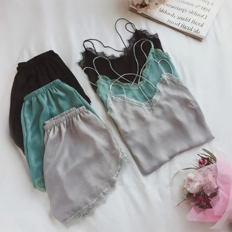 

Sexy Lace trim Pajamas Women's Rayon Silk Shorts +Spaghetti Strap camis Sleepwear Home Wear Sleeveless Pajamas Sets