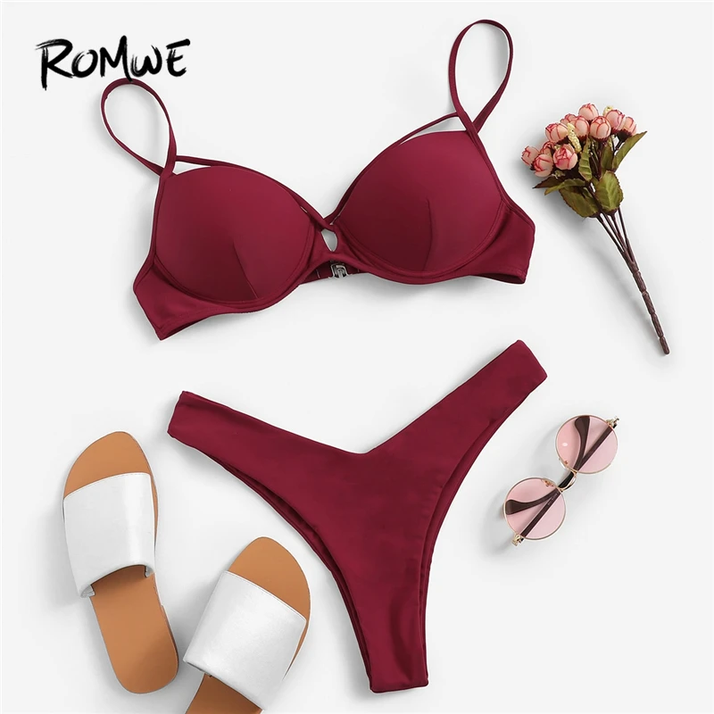 

Romwe Sport Burgundy Solid Criss Cross Underwire Top With High Leg Bikinis Set Women 2019 Summer Sexy Push Up Beach Swimwear