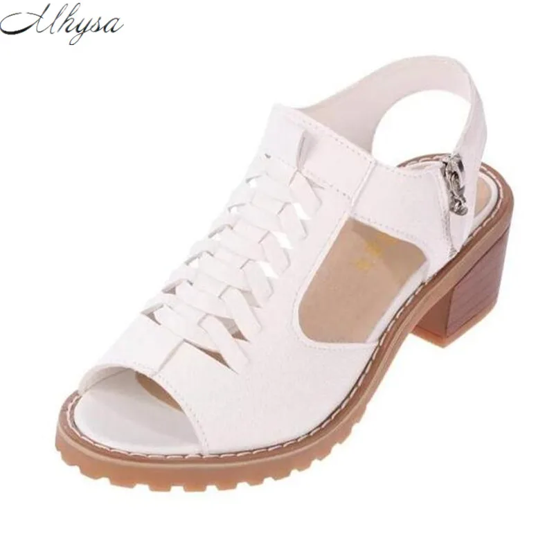 

Mhysa 2018 Hot Vintage Elegant Mid Square Heel Women's Sandals Summer Style Peep Toe Cross Tied Side Zip Design Shoes Woman Y32
