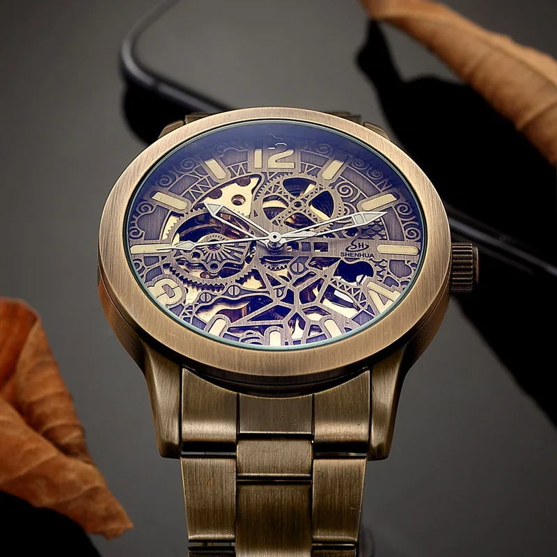Золотые часы Лидирующий бренд эксклюзивные механические часы Для мужчин Сталь кожаный ремешок Скелет циферблат моды Бизнес наручные часы