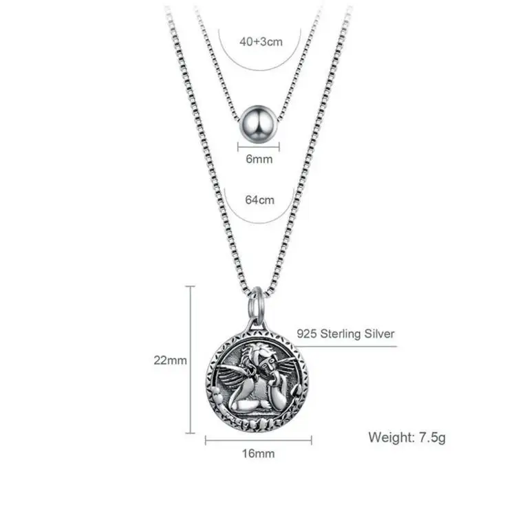 Подлинные 925 пробы серебряные ожерелья Ретро Стиль Крылья Ангела подвеска в виде серебряной монеты ожерелье s Двухслойное ожерелье цепь - Окраска металла: 925 sterling silver