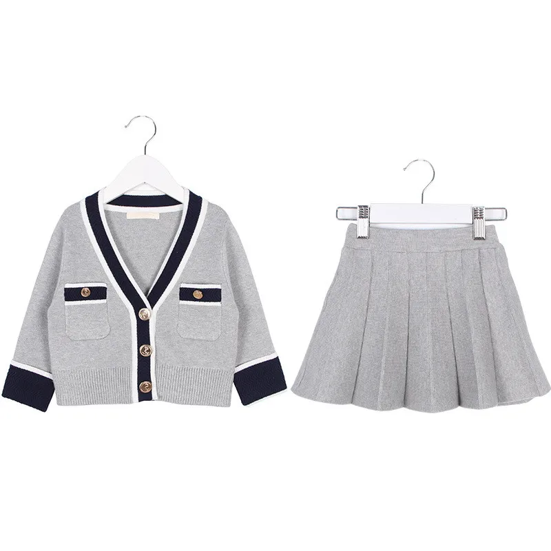 

Girls Clothes Sets Fall Winter Knitted Cardigan + Pleated Skirts Suits British Style Kids Sweaters Children's Clothing Drop Ship