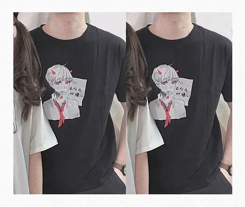 Neploe, японская футболка для женщин и мужчин, летняя футболка с мультяшным принтом для девочек и мальчиков, уличная одежда, футболки с коротким рукавом, повседневные топы 52530 - Цвет: boy black