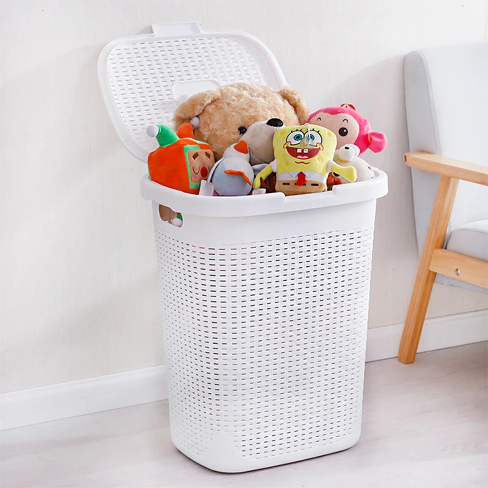  Weaving Pattern White PP Plastic Balcony Laundry Basket with Cover Bathroom Bedroom Dirty Clothes D - 33039097580