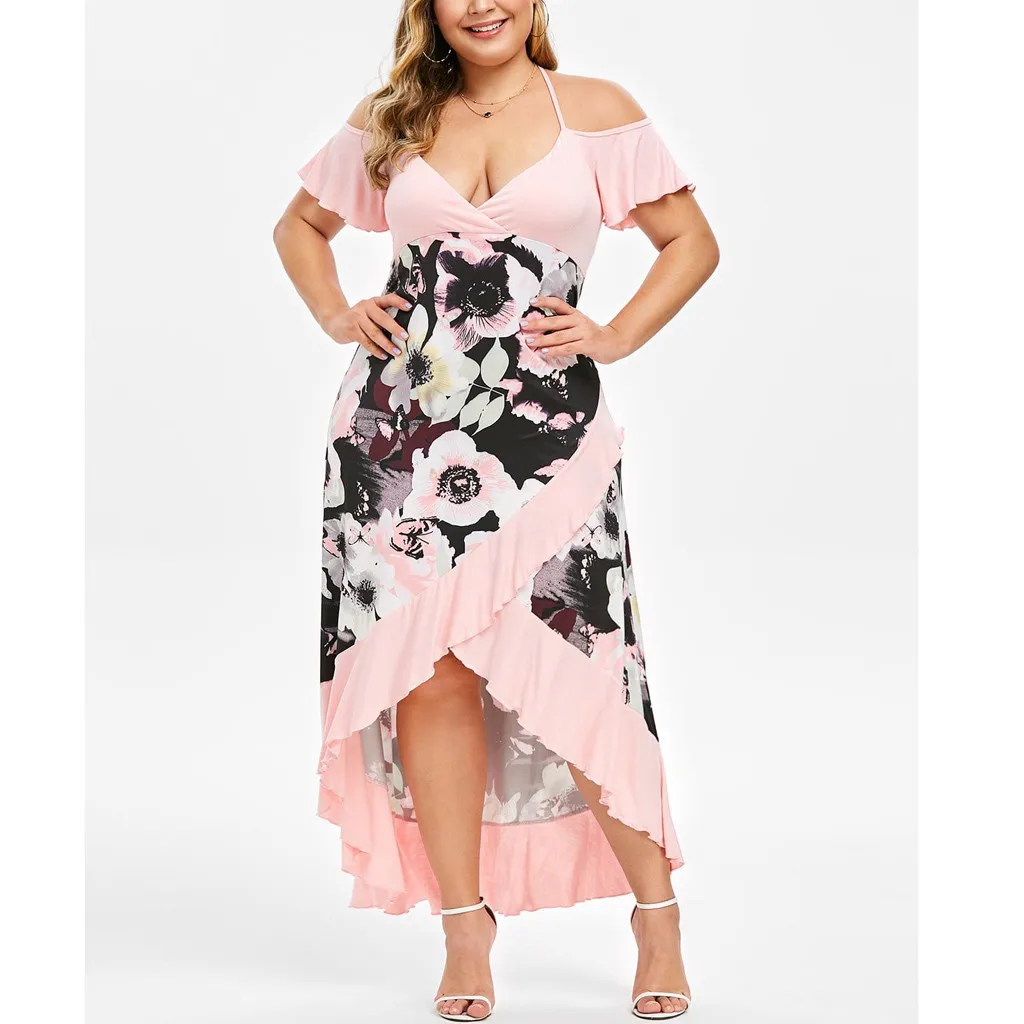 Женское летнее платье размера плюс 5XL с открытыми плечами, Цветочное платье на бретельках с цветочным принтом, Пляжное Платье M520