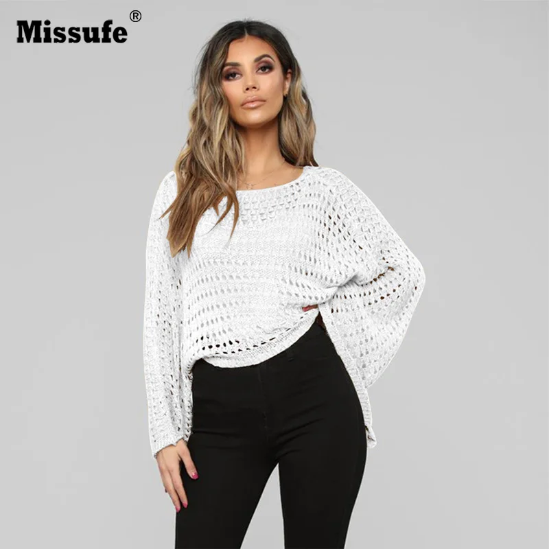 

Missufe Hollow Out O Neck Sweaters Loose Sexy Knitted Tops Women Spring Summer Long Sleeve Casual Pullovers Sweaters Mujer 2019
