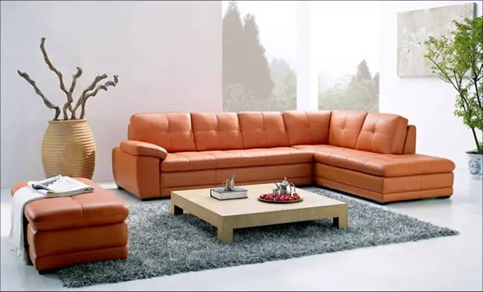 

Free Shipping Modern Sofa, made with Top Grain Leather L Shaped Corner Sectional Sofa Set with Ottoman, Longue Leather Couch