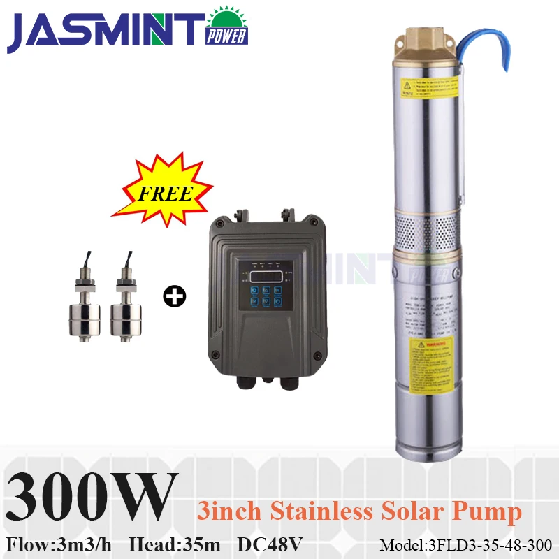 

300W DC48V submersible solar water pump 3inch Flow 3m3/h, head 35m with pump controller FREE floater solar pump deep well pump