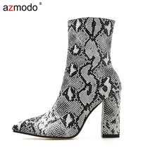Women Zipper Boots Snake Print Ankle Boots Square heel Fashion Pointed toe Ladies Sexy shoes New Chelsea Boots 2018 new winter fashion pointed toe lace up genuine leather print flower zip rivets women ankle boots thick heel chelsea boots l
