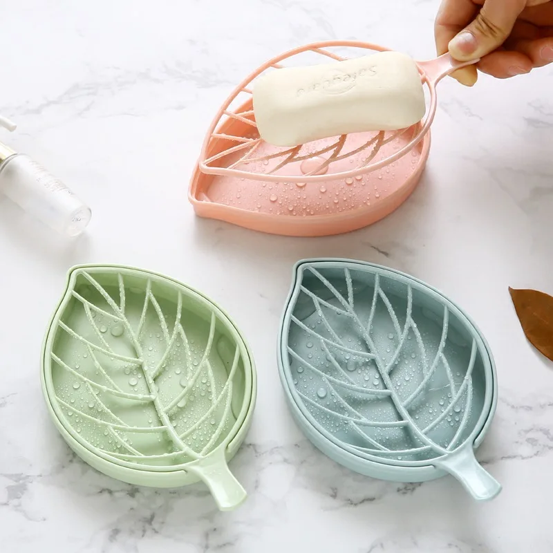 

3pcs/lot Plastic PP Soap Leaves Storage Box Double Layer Blue Green Pink Tree Leaf Toilet Soap Organization Container