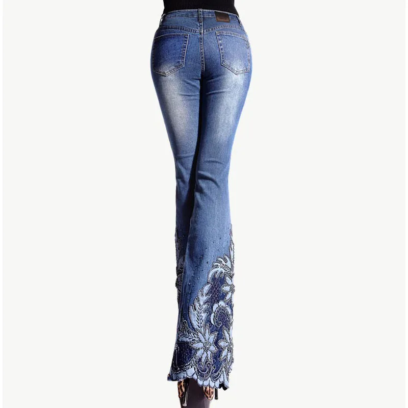 Весенние роскошные вышитые бисером джинсы со средней талией, большие расклешенные женские сапоги с вышивкой, кружевные расклешенные джинсы, джинсовые брюки