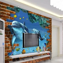 Декоративные обои 3D фрески Подводные дельфины фон wal