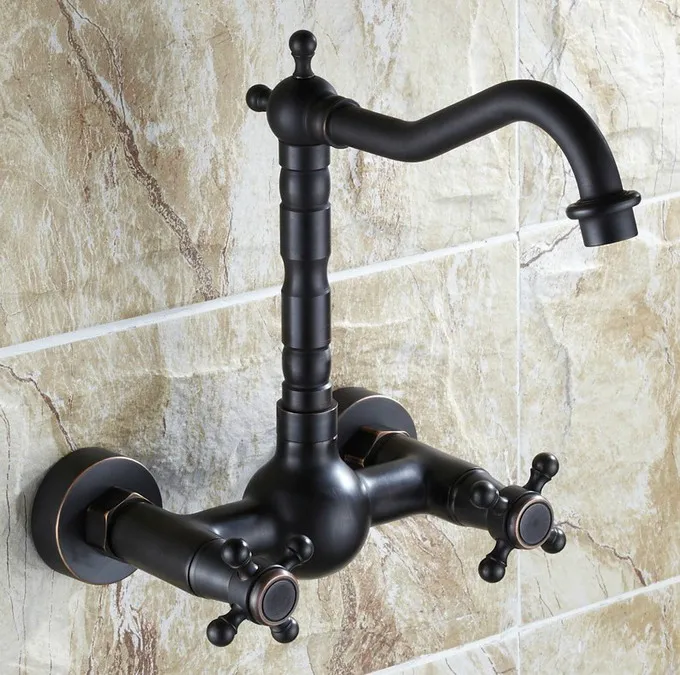 Black Oil Rubbed Bronze Wall Mounted Dual Cross Handles Swivel Spout Bathroom Kitchen Sink Faucet Cold & Hot Mixer Tap asf072