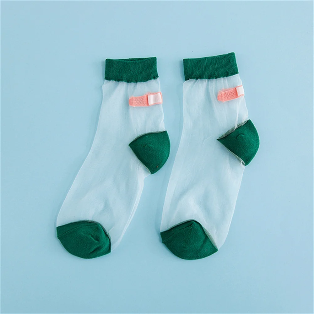 Unique Summer Women Transparent Socks Harajuku Stretch Band Aid OK Crystal Sock Lace Silk Art Short Socks Five Colors - Цвет: green