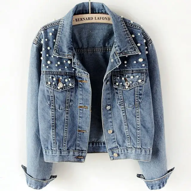 

Spring Pearl Beading Ripped Women jeans jacket Coat chaqueta mujer