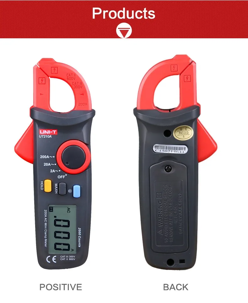 UNI-T-Mini Digital Clamp Meter, UT210A, 2000 Contagem,