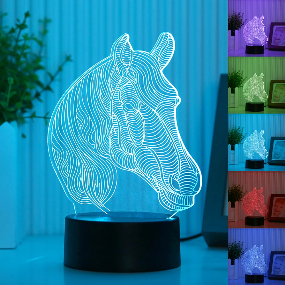 Creative 7Colors Changing Acrylic Horse Led Nightlights 3D LED Desk Table Lamp USB Bedside Lamps
