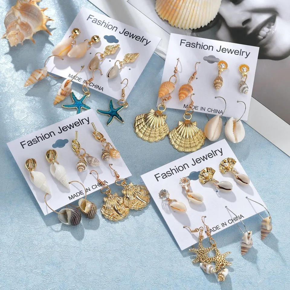 Sea Shell Drop Earrings Set For Women GoldenTrendy Metal Shell Cowrie Statement Dangle Earrings 2019 New Summer Beach Jewelry