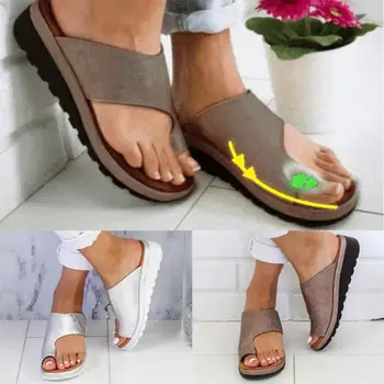 Women PU Leather Shoes Platform Flat Sole Ladies Casual Big Toe Foot Correction Sandal Orthopedic Bunion Corrector False Eyelash