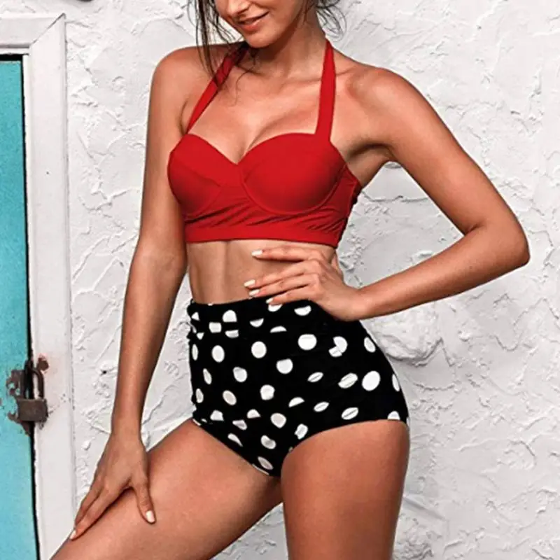 

Women Plus Size Two Piece Bikini Set Underwire Halter Crop Top High Waisted Tummy Control Vintage Polka Dot Thong Swimsuit M-3XL