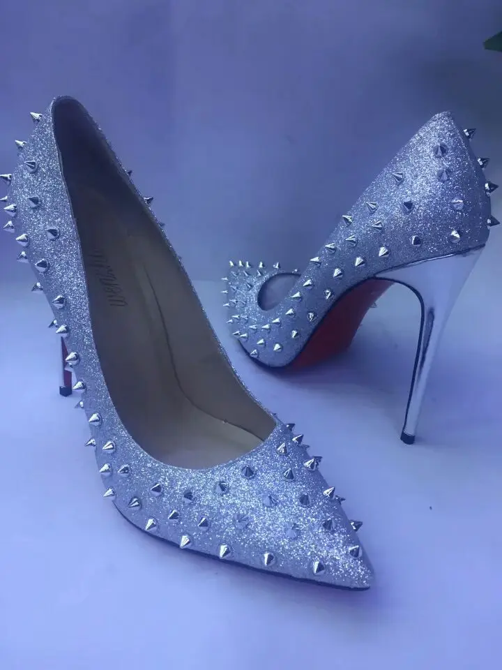 Glitter Spikes High Heels Women Fashion Shoes Rivets Silver High Heels Lady Shoes size 36-44