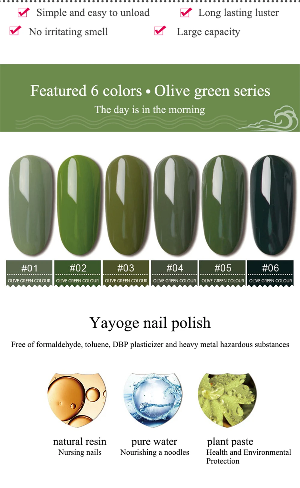 YAYOGE 10ml gel polish 6 colors Olive green series Semi Permanent Vernis top coat UV LED Gel Varnish Soak Off Nail Art Varnish