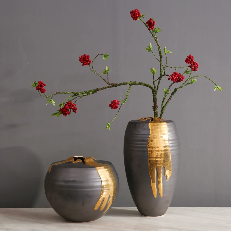 

DI Home Furnishing Living Room Cabinet Gold Ornaments Ceramic Pot Vase Flower Soft Decoration Modern Desktop Creative