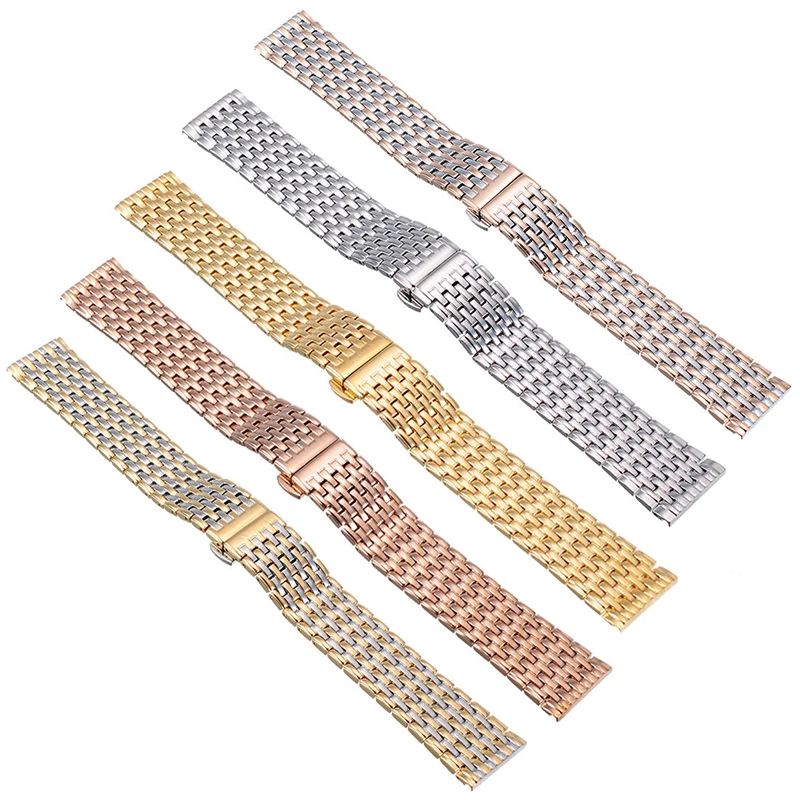 20 22mm Stainless Steel Wrist Watch Band Strap Silver Rose Gold Double Butterfly Clasp Buckle Bracelet For Men Women Relojes