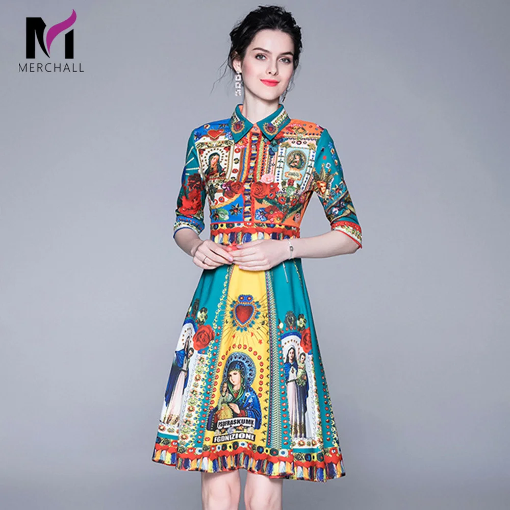 

Women Autumn Elegant Character Flower Printed Half Sleeve Shirt Dress Vintage Knee Length High Waist Casual Party Dress Vestidos
